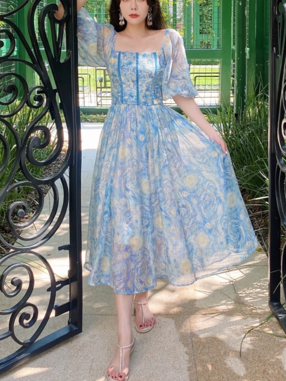 Van Gogh Starry Night puff sleeve celestial print midi dress size small